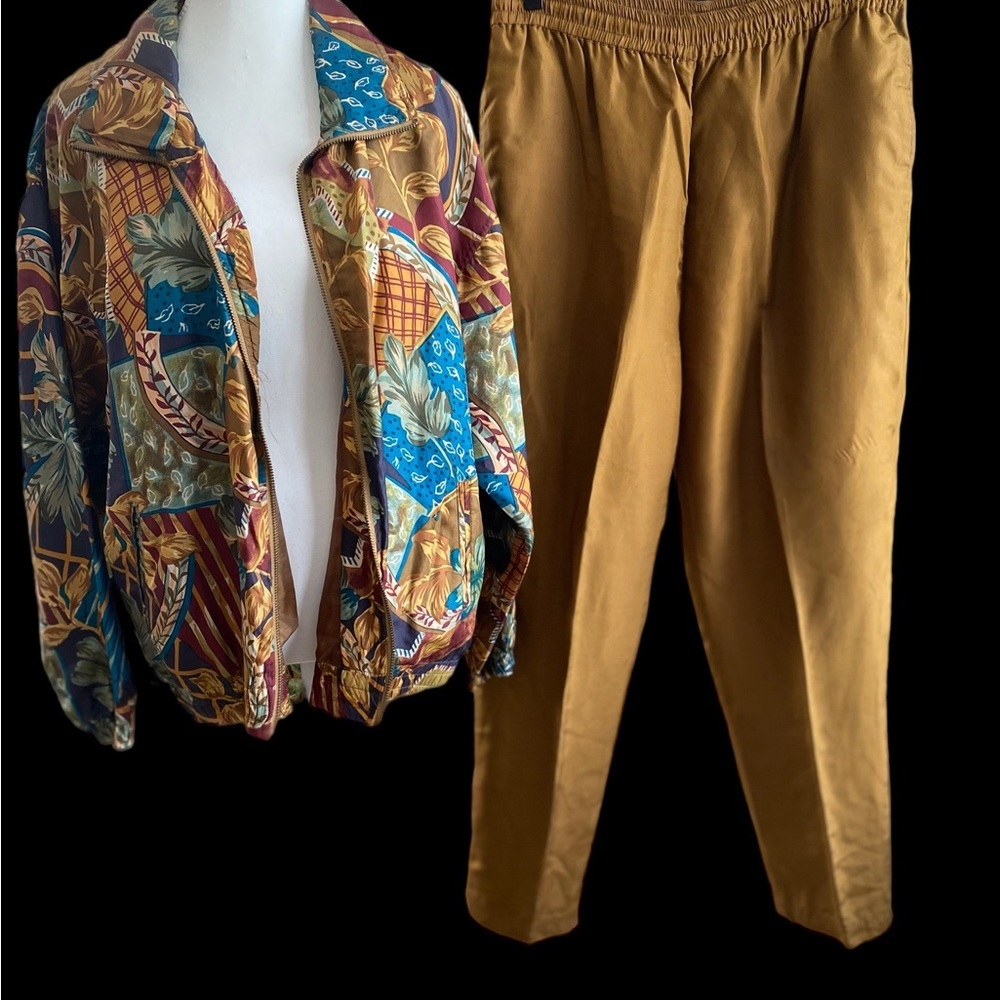 Vintage EVR Rousso Track Suit Womens Medium Brown 100% Silk Printed Top 90s
